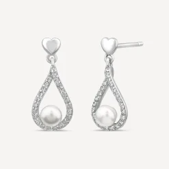 Sterling Silver 4.5-5mm Freshwater Pearl & Cubic Zirconia Open Tear Shaped Drop Earrings