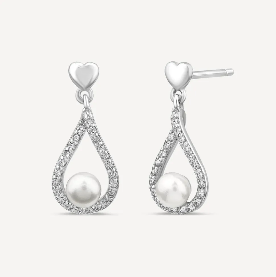 Sterling Silver 4.5-5mm Freshwater Pearl & Cubic Zirconia Open Tear Shaped Drop Earrings