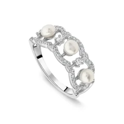 Sterling Silver 4.5-5mm Pearl & Cubic Zirconia Wave Ring