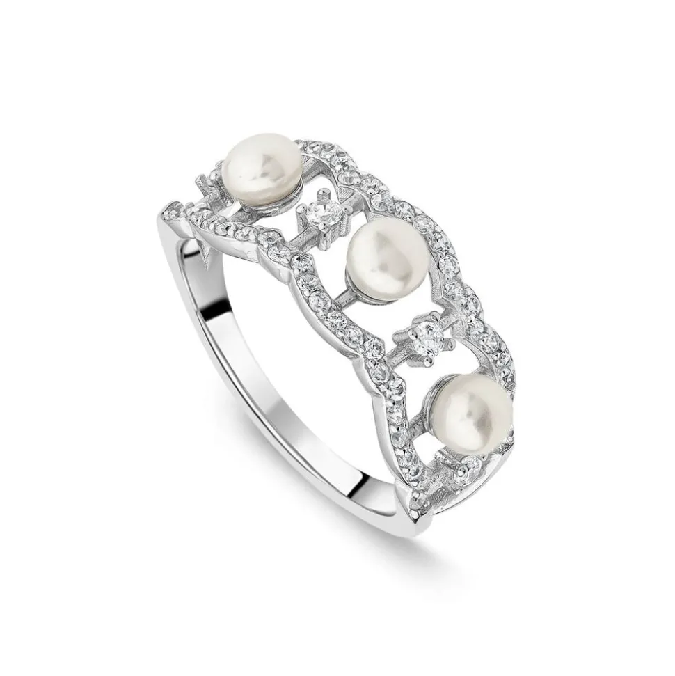 Sterling Silver 4.5-5mm Pearl & Cubic Zirconia Wave Ring