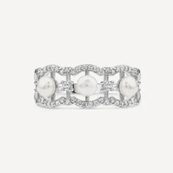 Sterling Silver 4.5-5mm Pearl & Cubic Zirconia Wave Ring