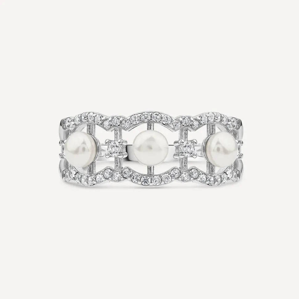 Sterling Silver 4.5-5mm Pearl & Cubic Zirconia Wave Ring
