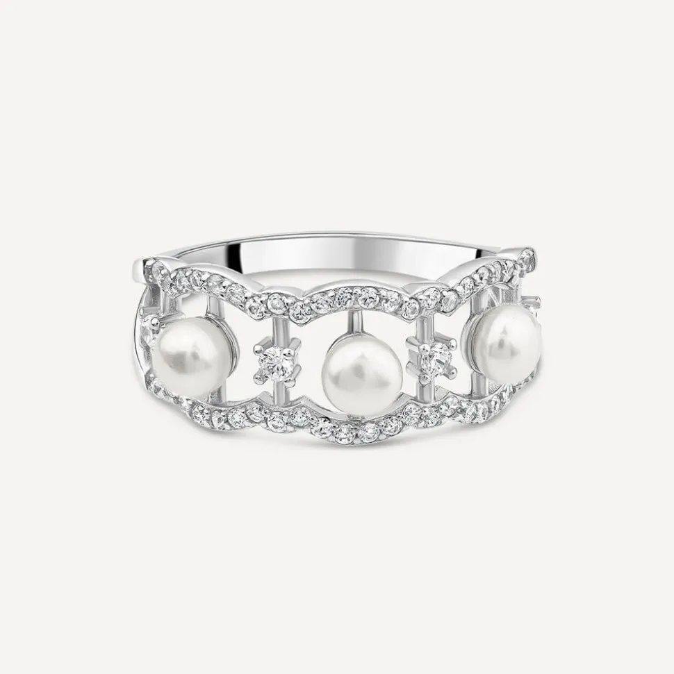 Sterling Silver 4.5-5mm Pearl & Cubic Zirconia Wave Ring