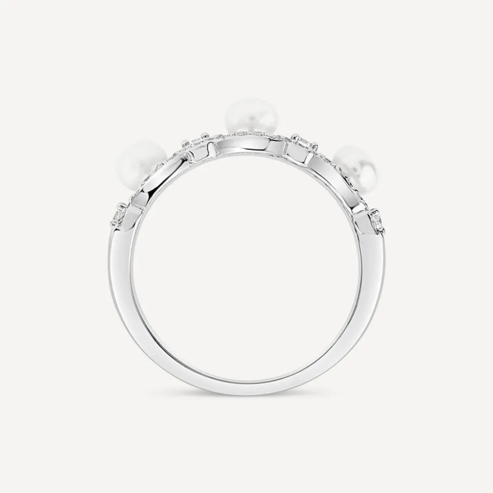 Sterling Silver 4.5-5mm Pearl & Cubic Zirconia Wave Ring