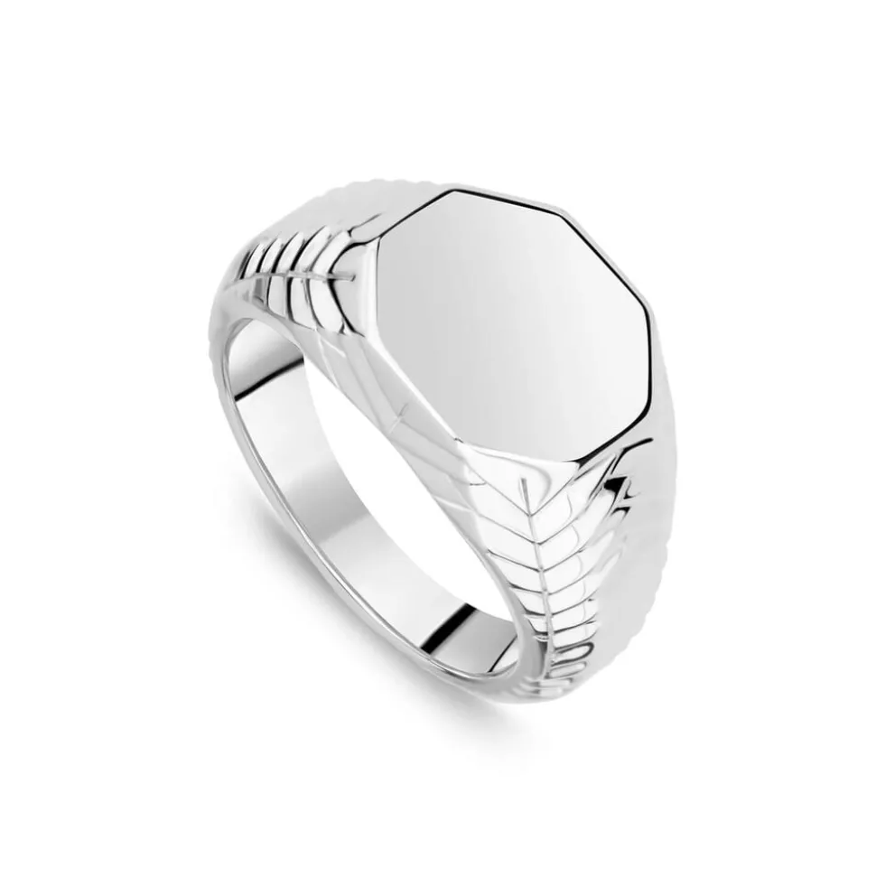Sterling Silver Octagon Patterned Sides Men's Signet Ring