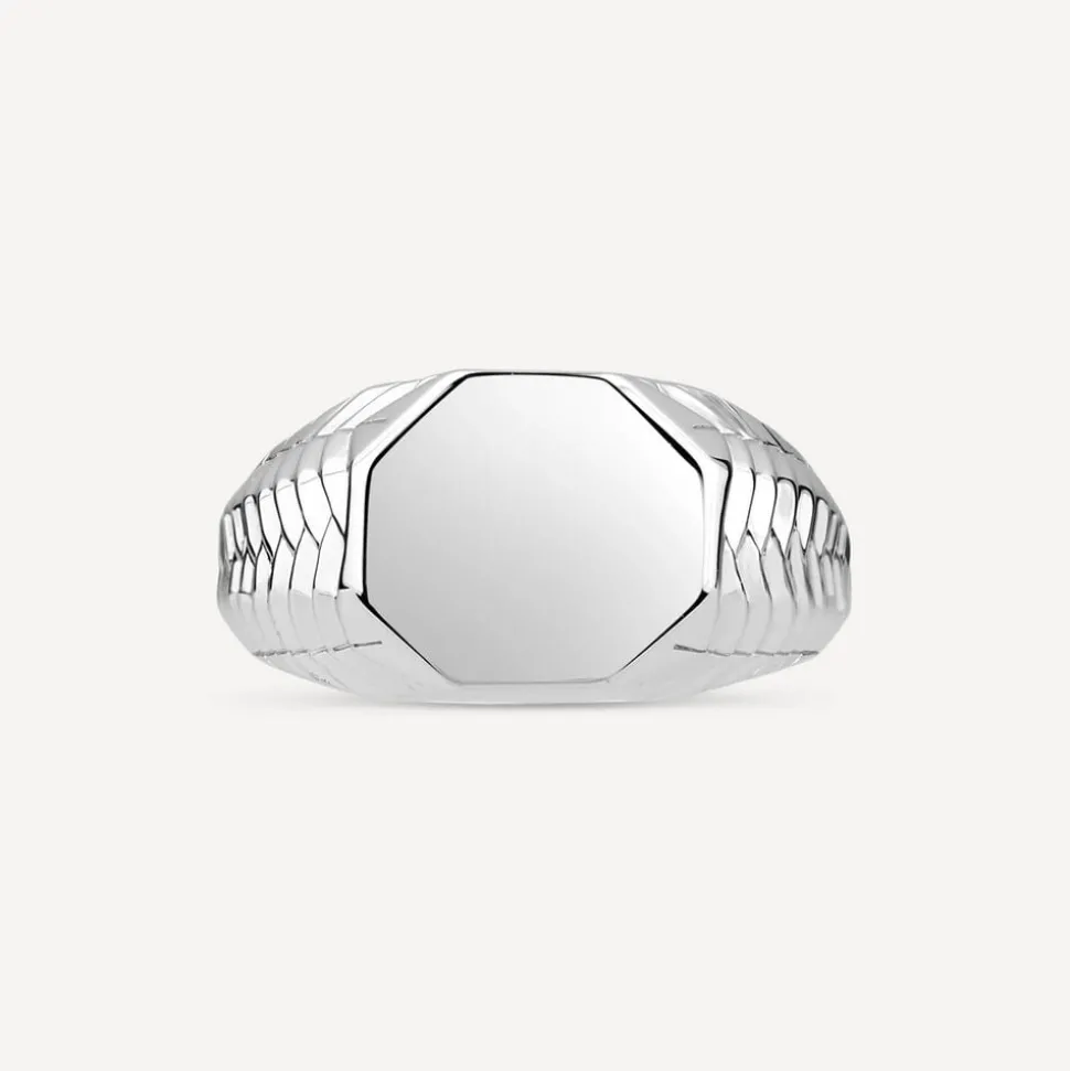 Sterling Silver Octagon Patterned Sides Men's Signet Ring