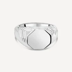 Sterling Silver Octagon Patterned Sides Men's Signet Ring