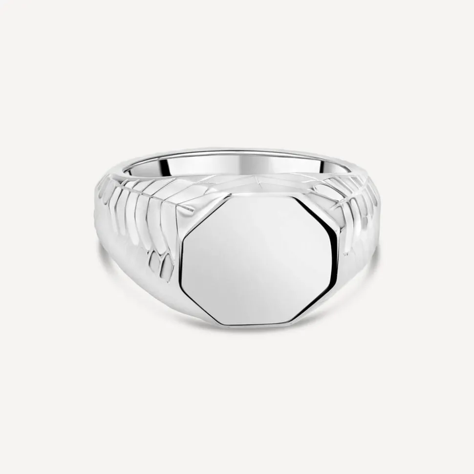 Sterling Silver Octagon Patterned Sides Men's Signet Ring