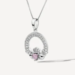 Sterling Silver October Birthstone Pave Cubic Zirconia Claddagh Pendant