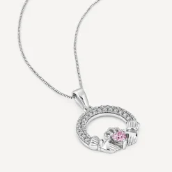 Sterling Silver October Birthstone Pave Cubic Zirconia Claddagh Pendant
