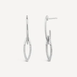 Sterling Silver Open Marquise Polished & Cubic Zirconia Pave Set Drop Earrings