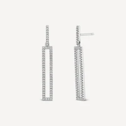 Sterling Silver Open Rectangle Cubic Zirconia Pave Set Drop Earrings