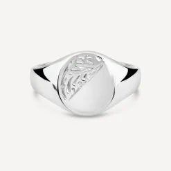 Sterling Silver Oval Engraved Corner Signet Ring