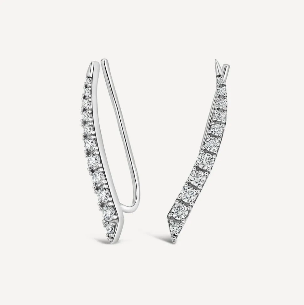 Sterling Silver Pave Cubic Zirconia Curve Bar Climber Earrings