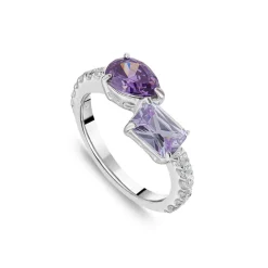 Sterling Silver Pear & Emerald Cut Purple & Lavender Cubic Zirconia Toi Et Moi Shoulders Ring