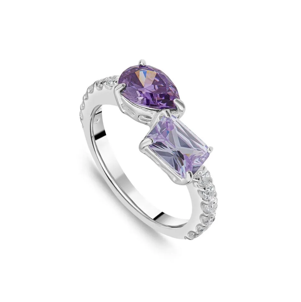 Sterling Silver Pear & Emerald Cut Purple & Lavender Cubic Zirconia Toi Et Moi Shoulders Ring