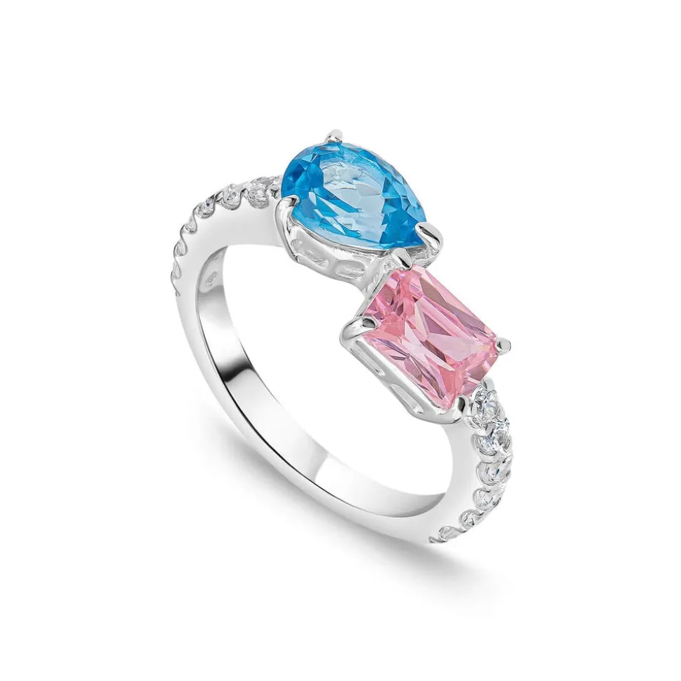 Sterling Silver Pear & Emerald Cut Blue & Pink Cubic Zirconia Toi Et Moi Shoulders Ring