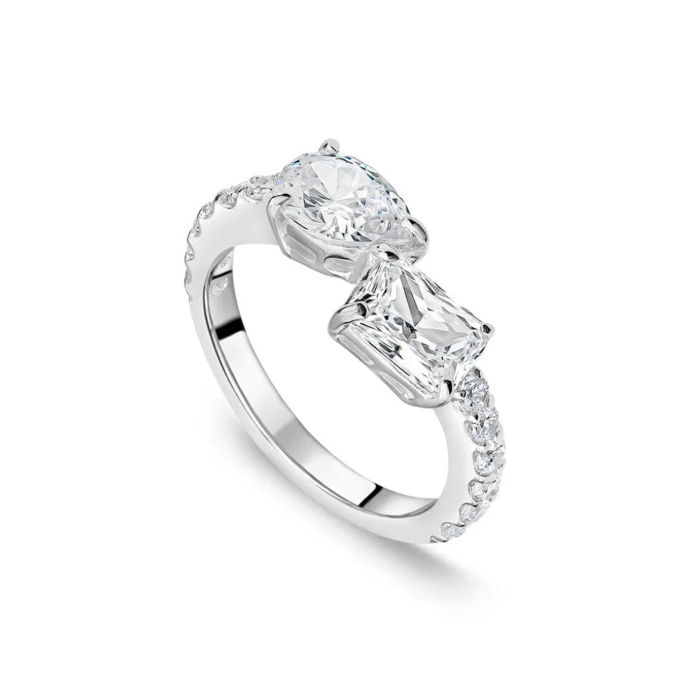 Sterling Silver Pear & Emerald Cut Cubic Zirconia Toi Et Moi Shoulders Ring