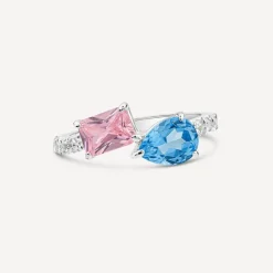 Sterling Silver Pear & Emerald Cut Blue & Pink Cubic Zirconia Toi Et Moi Shoulders Ring