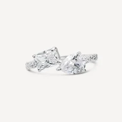 Sterling Silver Pear & Emerald Cut Cubic Zirconia Toi Et Moi Shoulders Ring