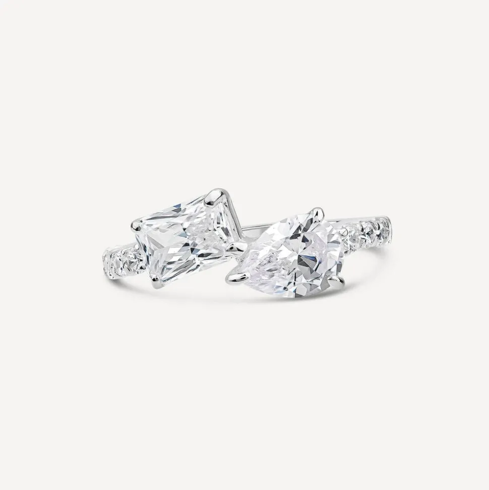 Sterling Silver Pear & Emerald Cut Cubic Zirconia Toi Et Moi Shoulders Ring