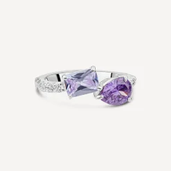 Sterling Silver Pear & Emerald Cut Purple & Lavender Cubic Zirconia Toi Et Moi Shoulders Ring