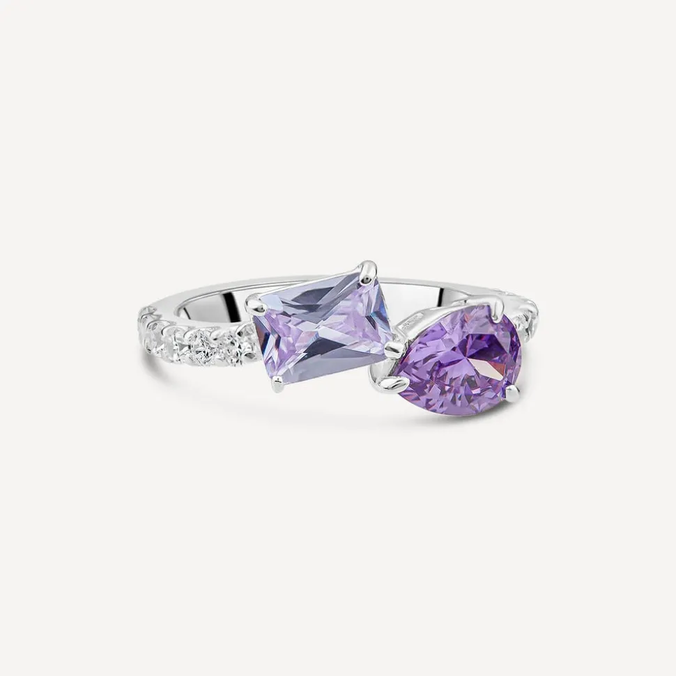 Sterling Silver Pear & Emerald Cut Purple & Lavender Cubic Zirconia Toi Et Moi Shoulders Ring