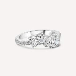 Sterling Silver Pear & Emerald Cut Cubic Zirconia Toi Et Moi Shoulders Ring