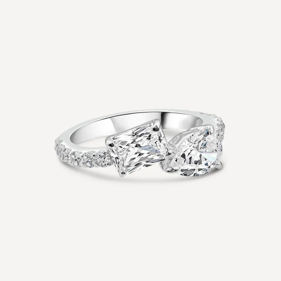 Sterling Silver Pear & Emerald Cut Cubic Zirconia Toi Et Moi Shoulders Ring