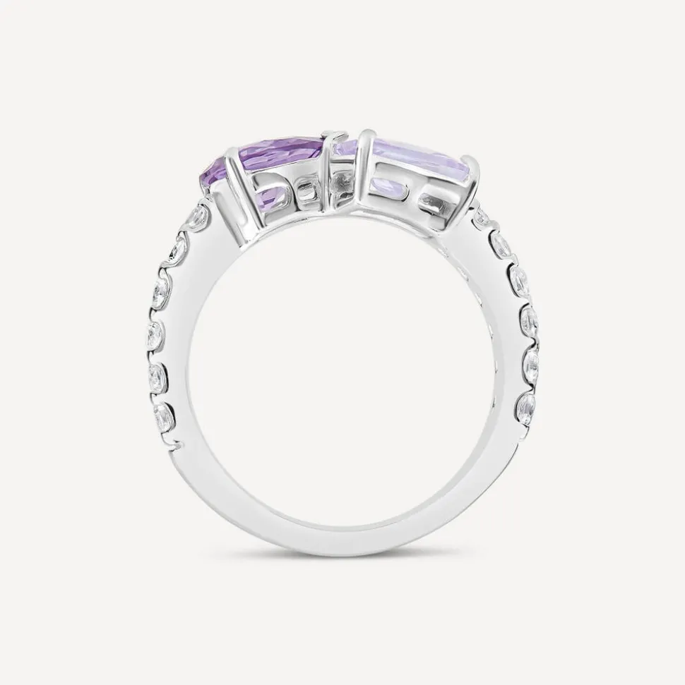 Sterling Silver Pear & Emerald Cut Purple & Lavender Cubic Zirconia Toi Et Moi Shoulders Ring