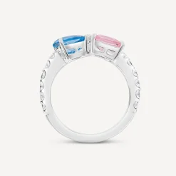 Sterling Silver Pear & Emerald Cut Blue & Pink Cubic Zirconia Toi Et Moi Shoulders Ring