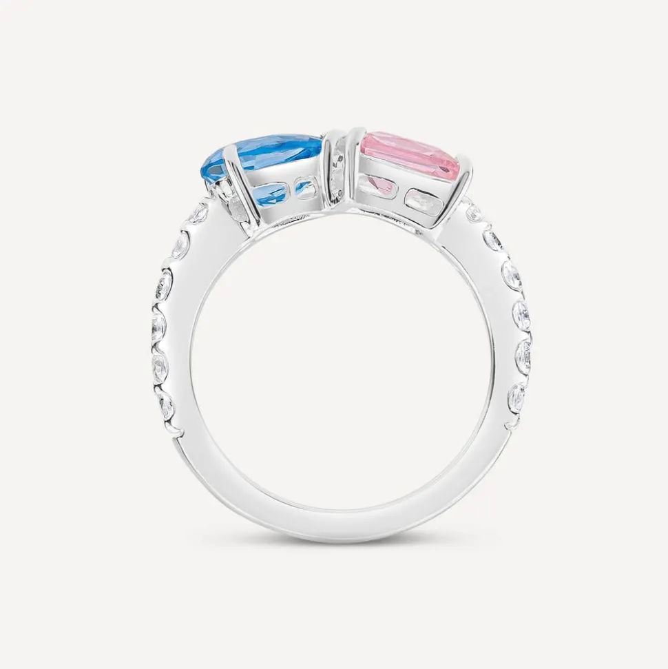 Sterling Silver Pear & Emerald Cut Blue & Pink Cubic Zirconia Toi Et Moi Shoulders Ring