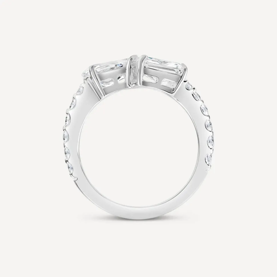 Sterling Silver Pear & Emerald Cut Cubic Zirconia Toi Et Moi Shoulders Ring
