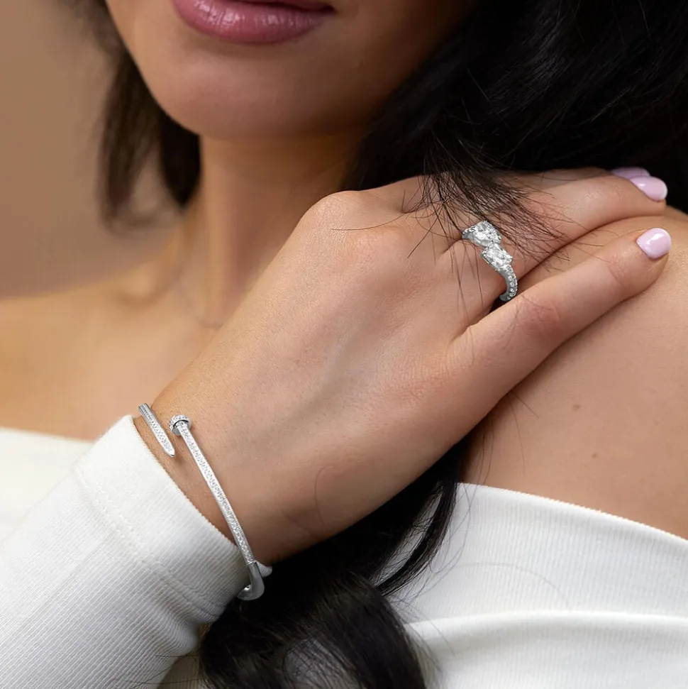 Sterling Silver Pear & Emerald Cut Cubic Zirconia Toi Et Moi Shoulders Ring