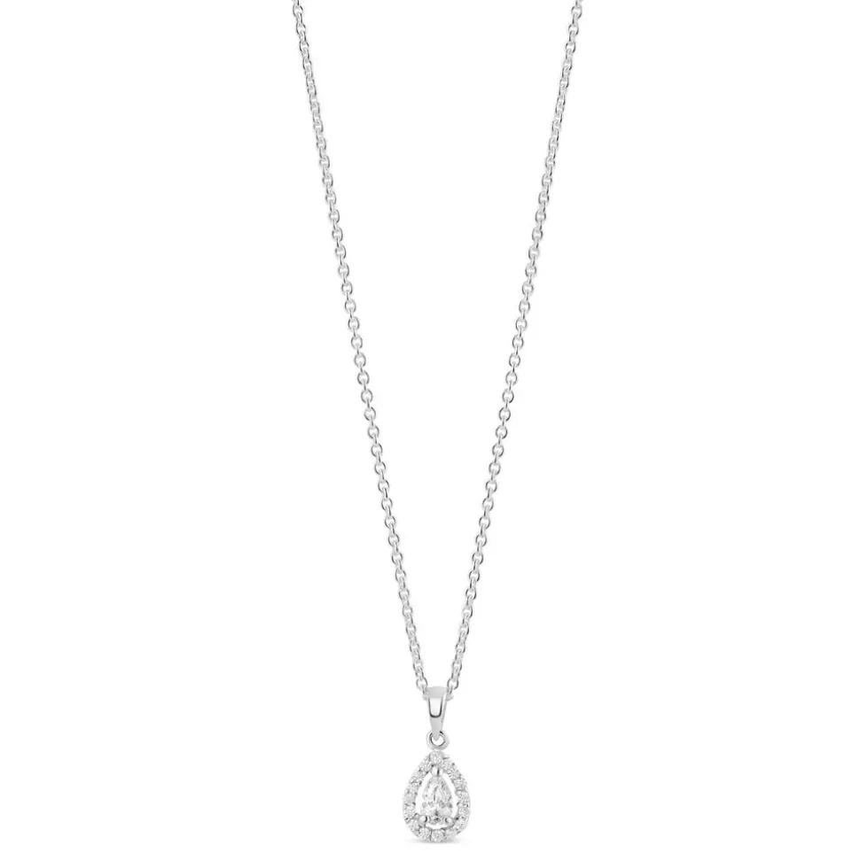 Sterling Silver Pear Cubic Zirconia Halo Pendant (Chain Included)