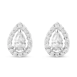 Sterling Silver Pear Cubic Zirconia Halo Cluster Stud Earrings