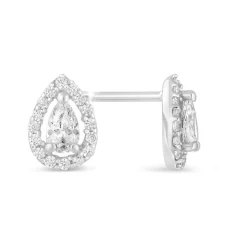 Sterling Silver Pear Cubic Zirconia Halo Cluster Stud Earrings