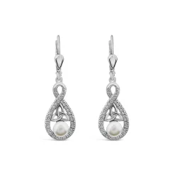 Sterling Silver Pearl & Cubic Zirconia Trinity Knot Drop Earrings