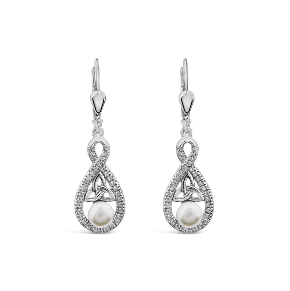 Sterling Silver Pearl & Cubic Zirconia Trinity Knot Drop Earrings