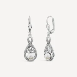 Sterling Silver Pearl & Cubic Zirconia Trinity Knot Drop Earrings