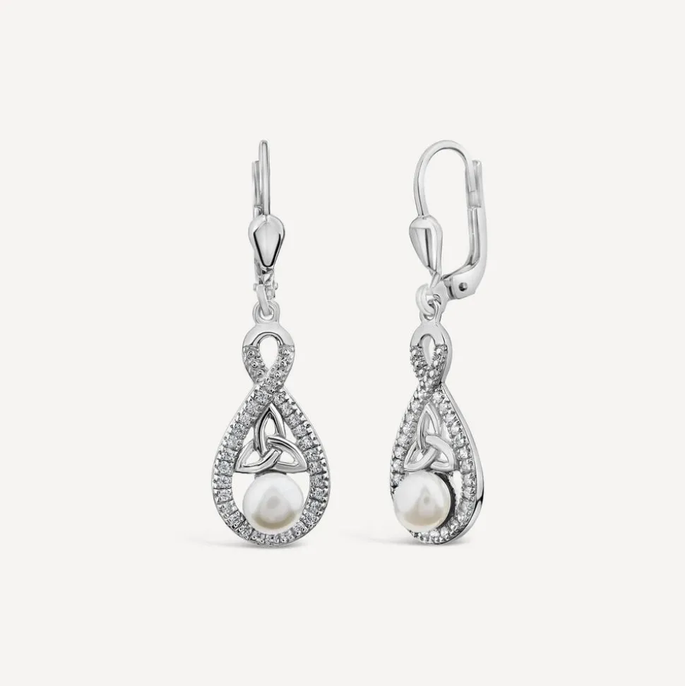 Sterling Silver Pearl & Cubic Zirconia Trinity Knot Drop Earrings