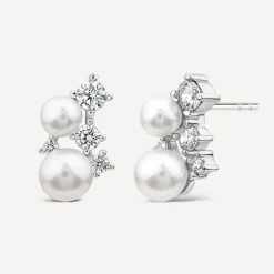 Sterling Silver Pearl & Cubic Zirconia Climber Cluster Earrings