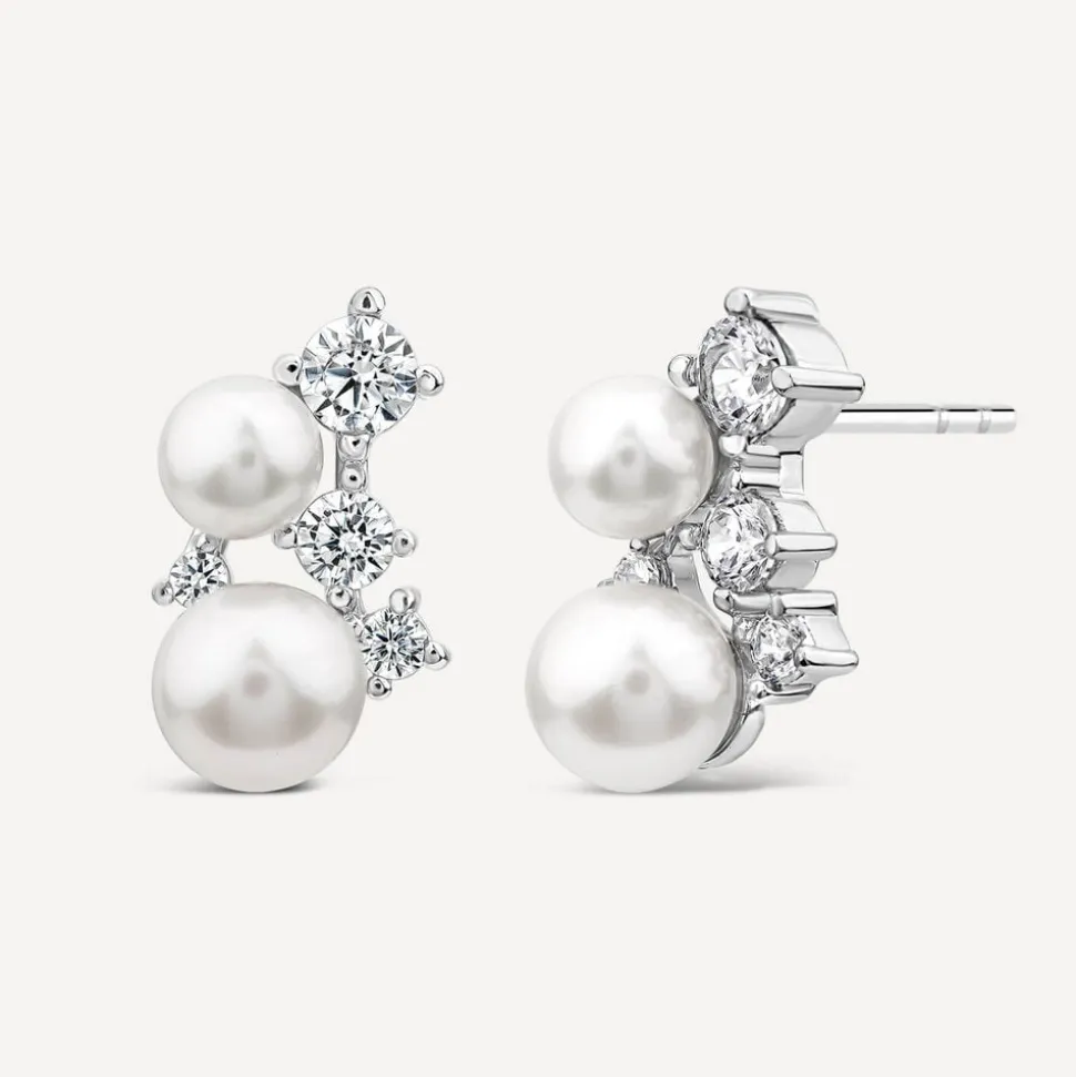 Sterling Silver Pearl & Cubic Zirconia Climber Cluster Earrings