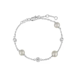 Sterling Silver Pearl and Round Over Cubic Zirconia Chain Bracelet