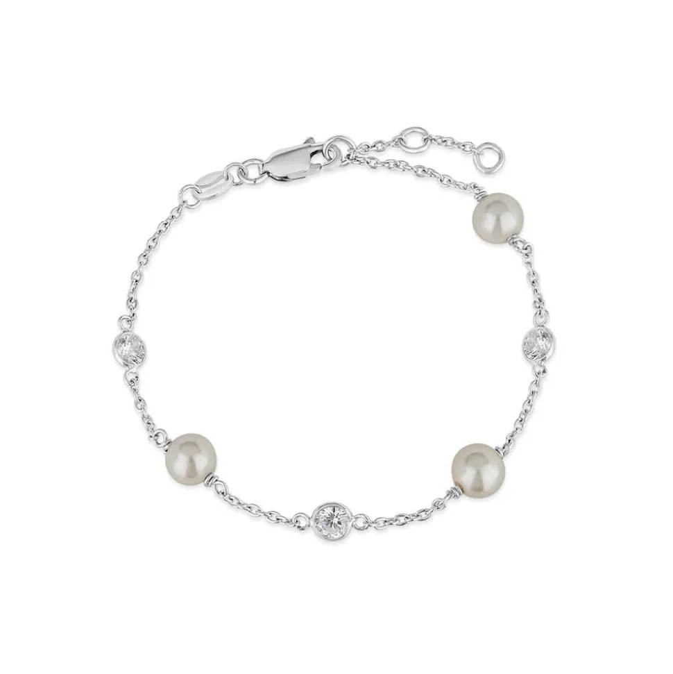 Sterling Silver Pearl and Round Over Cubic Zirconia Chain Bracelet