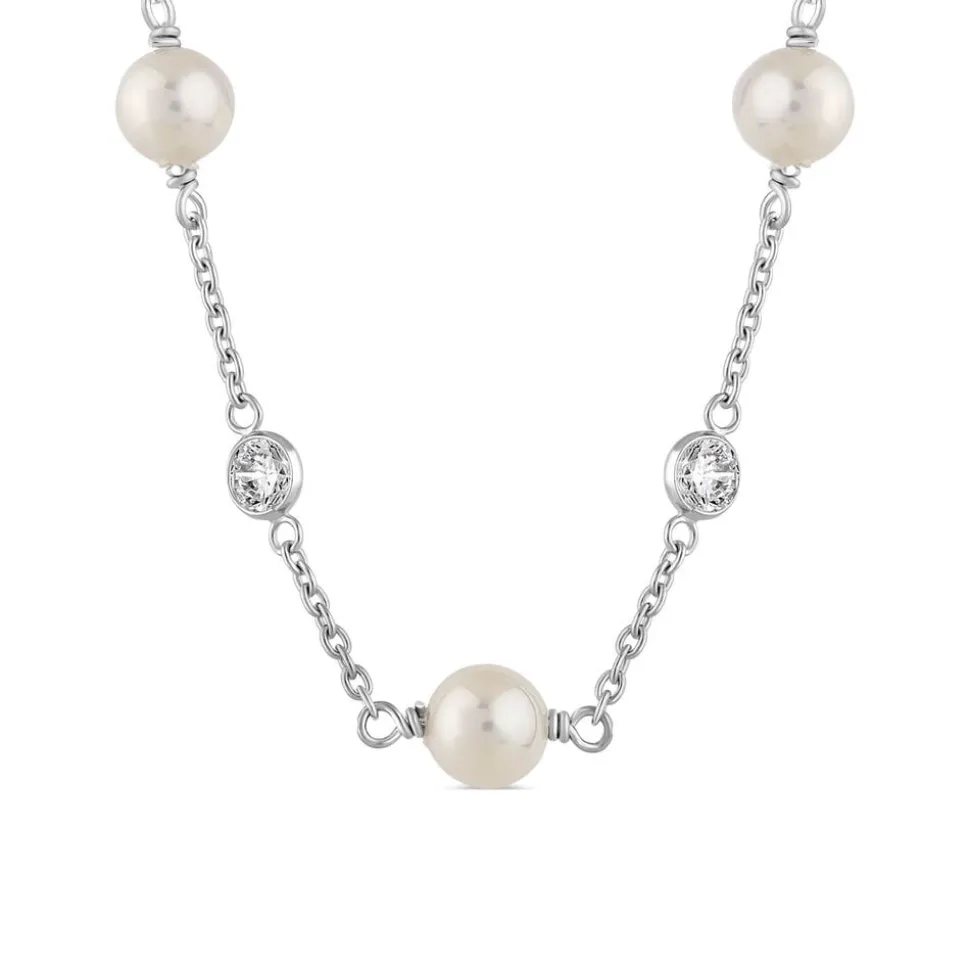 Sterling Silver Pearl and Rubover Cubic Zirconia Chain Necklet