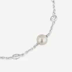 Sterling Silver Pearl and Round Over Cubic Zirconia Chain Bracelet