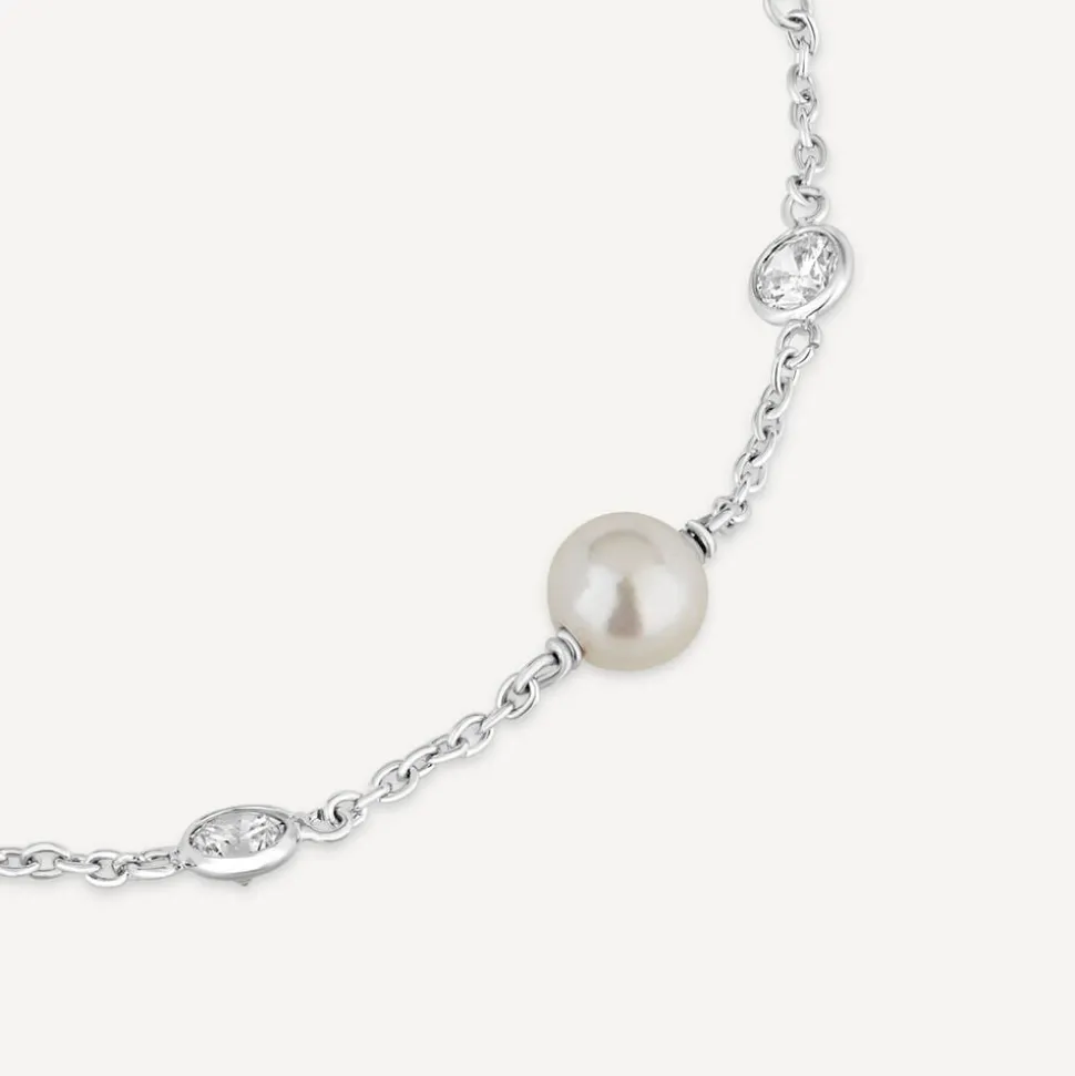 Sterling Silver Pearl and Round Over Cubic Zirconia Chain Bracelet