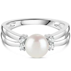 Sterling Silver Pearl and Cubic Zirconia Split Shoulder Ring