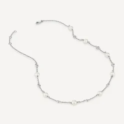 Sterling Silver Pearl and Rubover Cubic Zirconia Chain Necklet